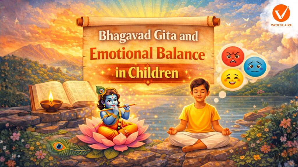 Illustration showing a calm child meditating with Lord Krishna by a river, symbolizing emotional balance and mindfulness in children through Bhagavad Gita teachings.