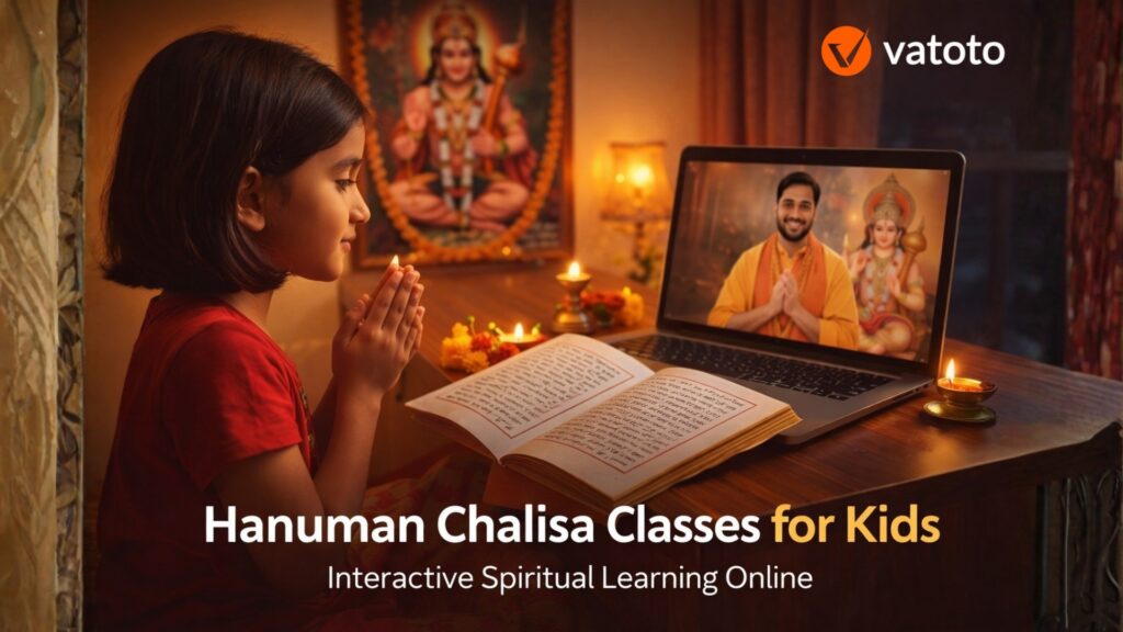 Child learning Hanuman Chalisa online with interactive spiritual class for kids