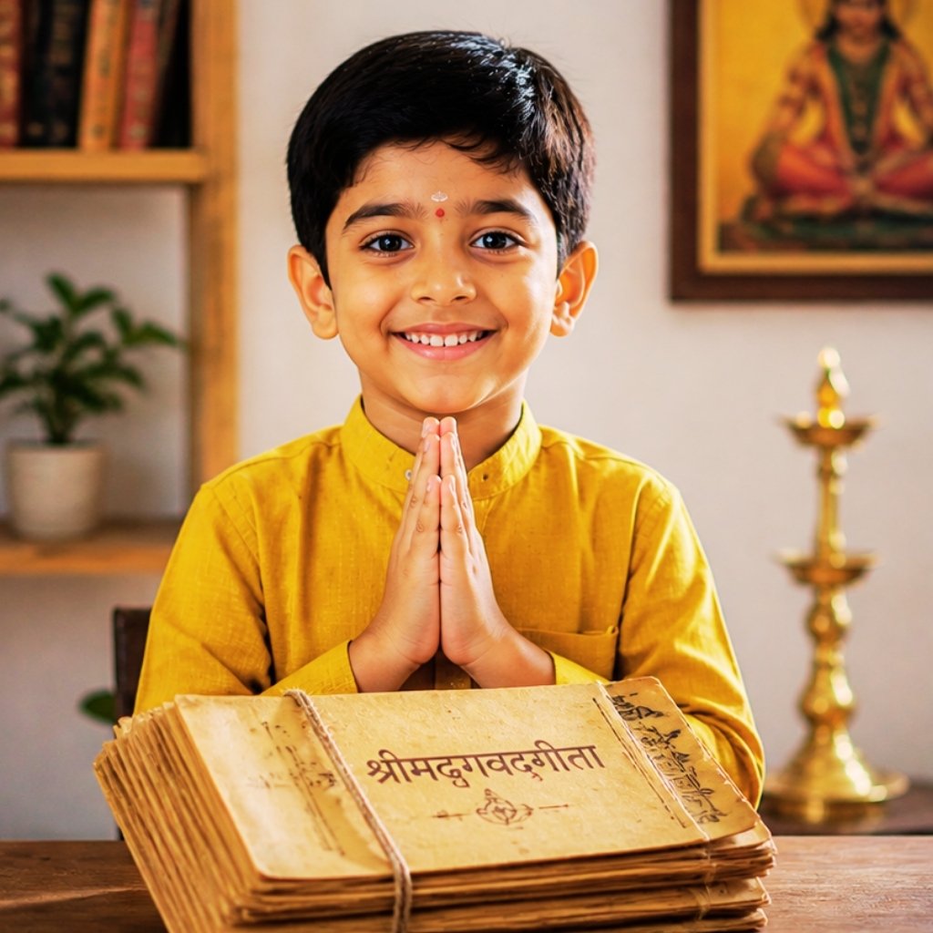 Child learning Bhagavad Gita classes for kids online with Vatoto.live
