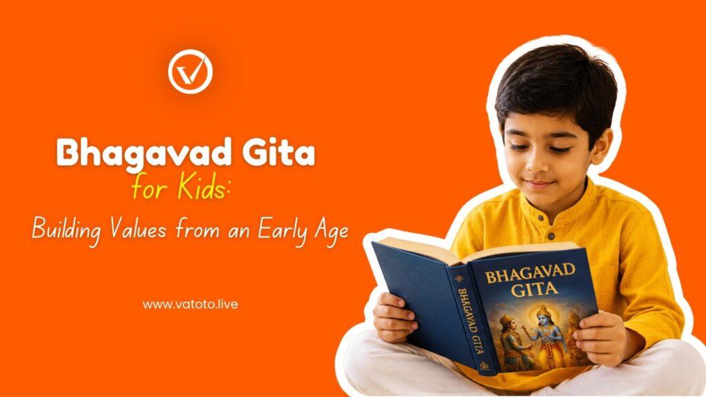 Young Indian child reading the Bhagavad Gita with a smile while learning values and culture at an early age