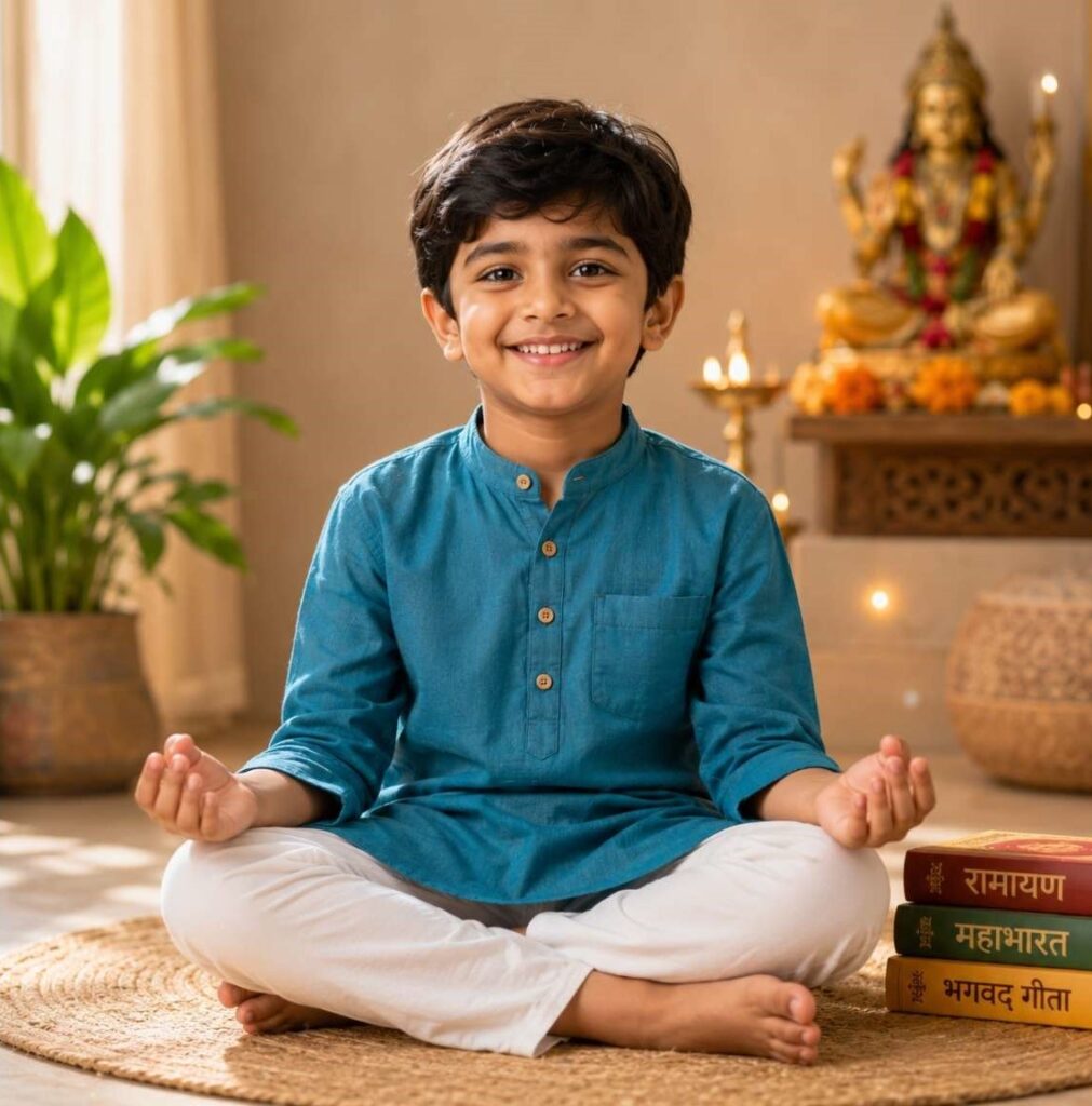 Child learning Hanuman Chalisa pronunciation and meaning online