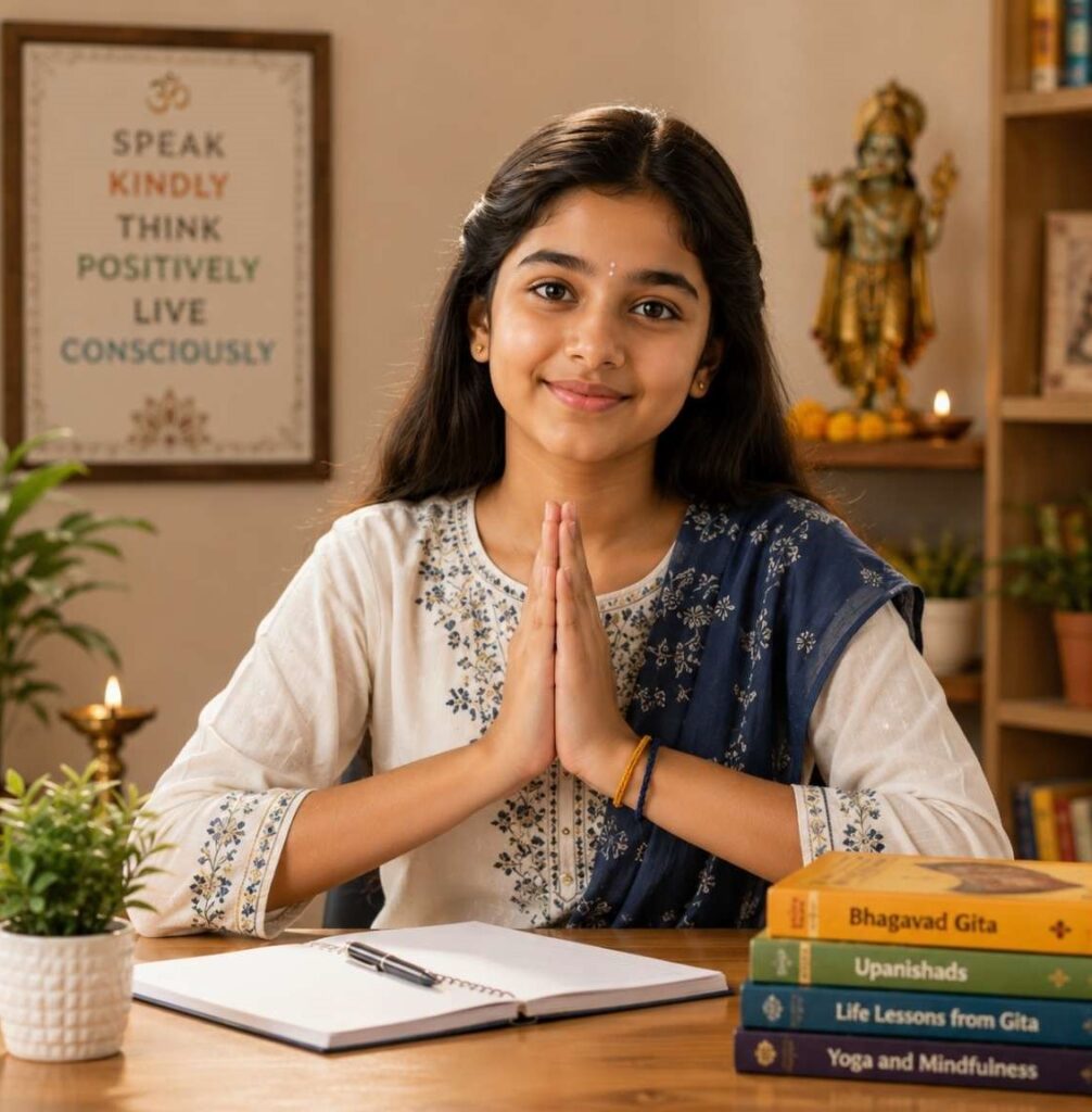 Older child learning Bhagavad Gita life lessons and moral values