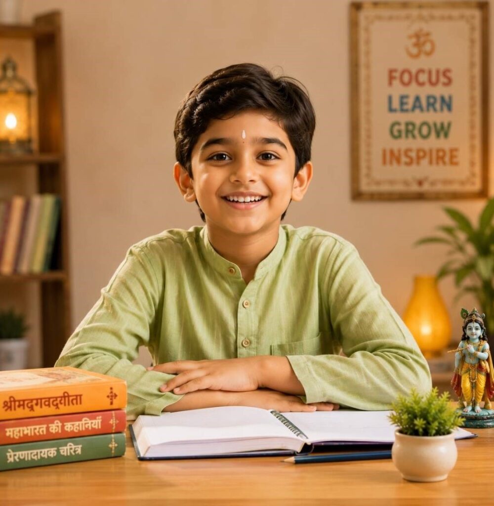 Child learning Bhagavad Gita shlokas and values online