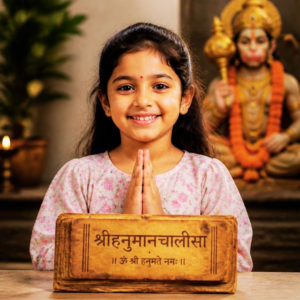 Child learning Hanuman Chalisa classes for kids online with Vatoto.live