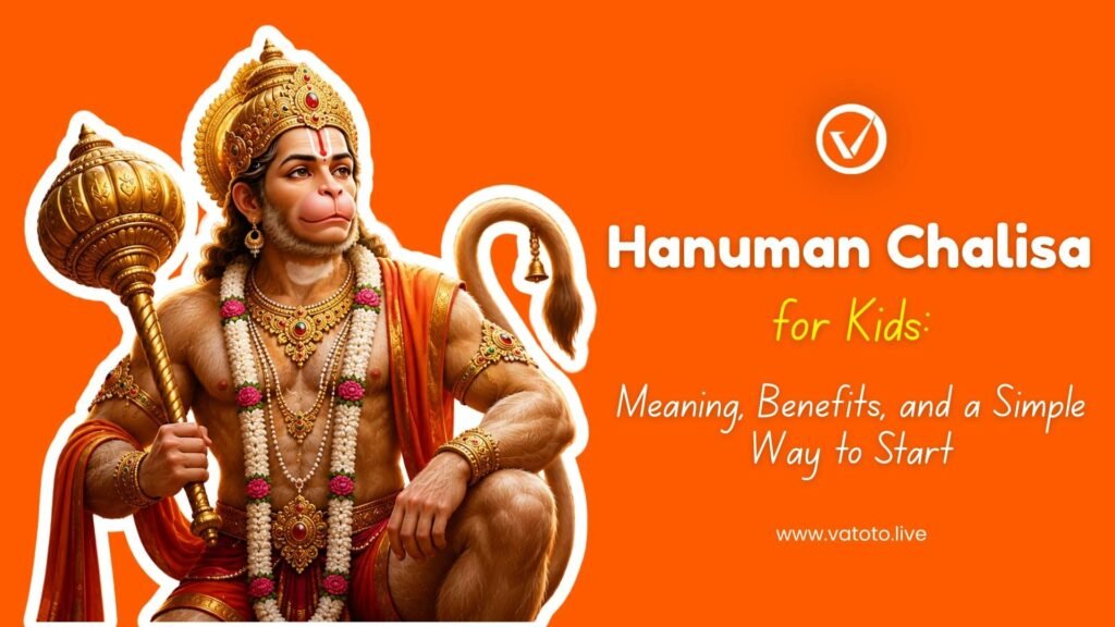 Lord Hanuman blessing children while they learn the Hanuman Chalisa with devotion and understanding.
