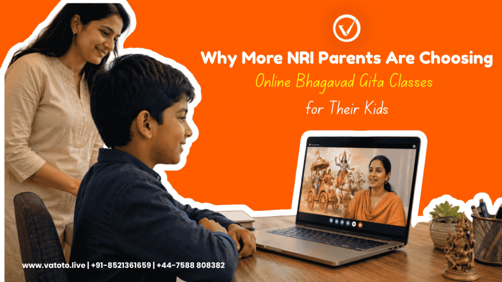 Mother and son attending a live online Bhagavad Gita class for kids abroad on a laptop