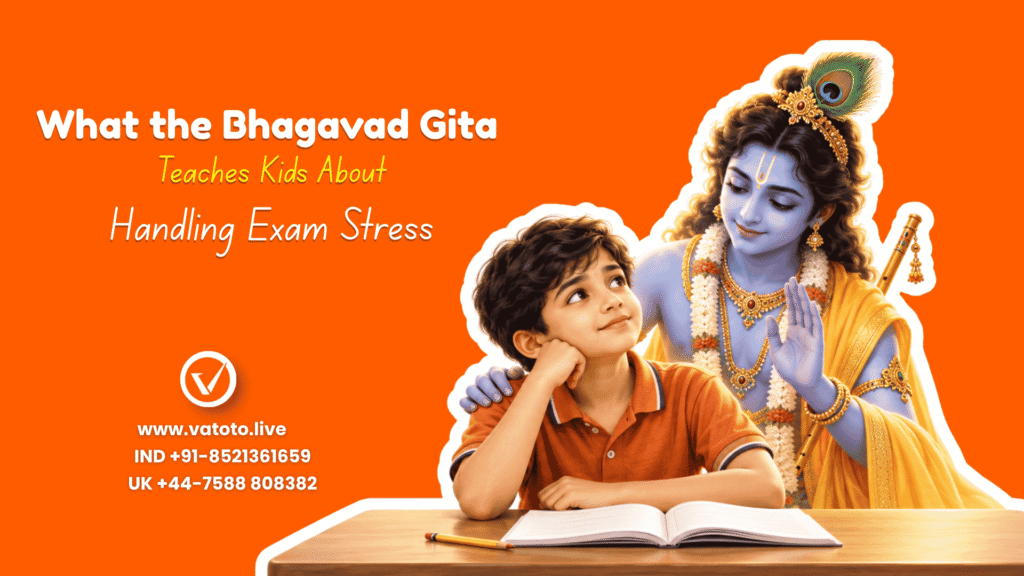 Child learning from Lord Krishna how to remain calm and confident during exam stress